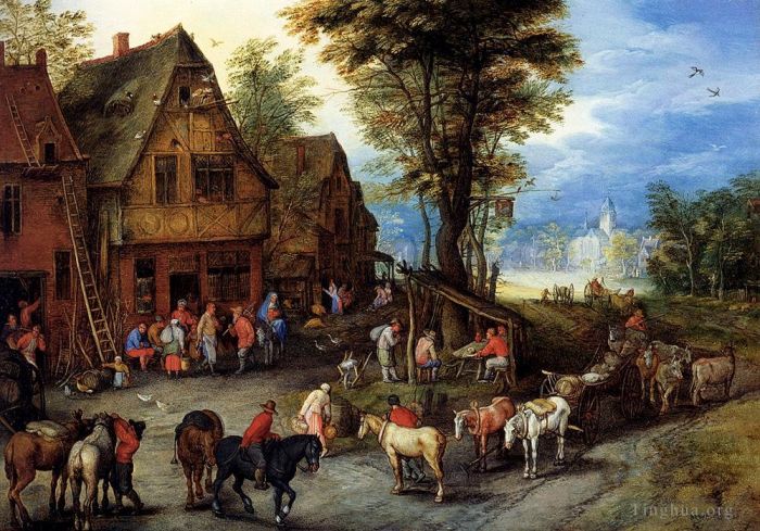 让·安东尼·华托 的油画作品 -  《布勒盖尔·扬,(Breughel,Jan),村庄街道上，神圣家族抵达一家旅馆》