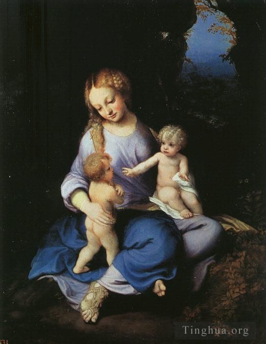 安东尼奥·达·柯列乔 的油画作品 -  《麦当娜和孩子与年轻的圣约翰》