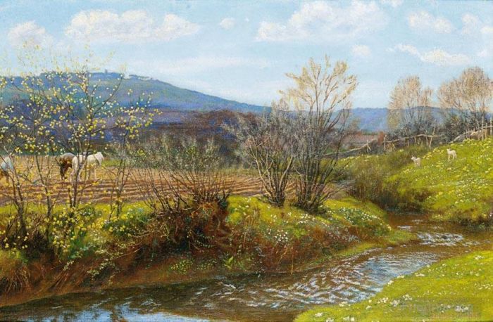 亚瑟·休斯 的油画作品 -  《春天的午后风景,阿瑟·休斯》