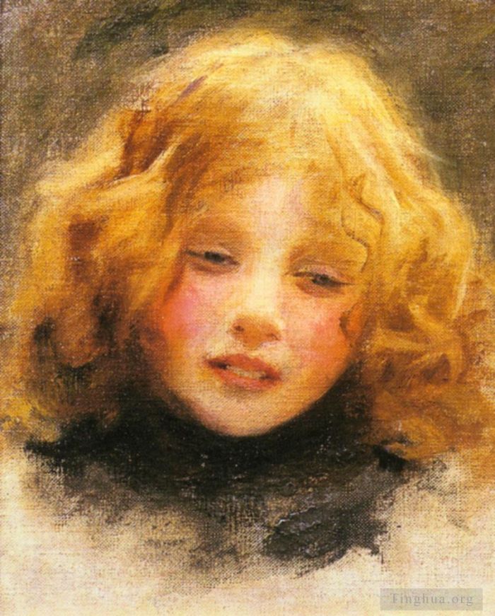亚瑟·约翰·埃尔斯利 的油画作品 -  《一个年轻女孩的头部研究》