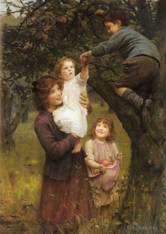 亚瑟·约翰·埃尔斯利 的油画作品 -  《摘苹果》