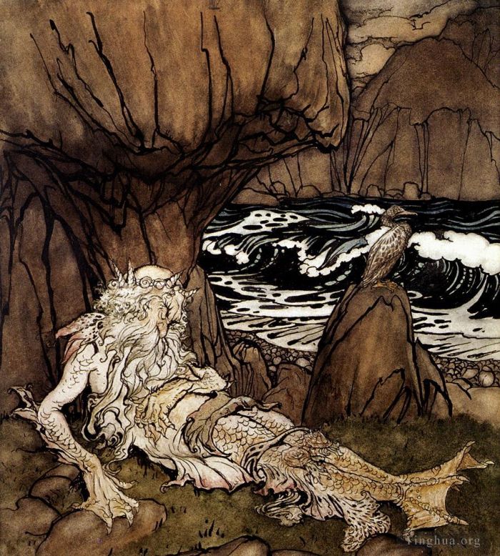亚瑟·拉克汉 的各类绘画作品 -  《戴王冠的人鱼》