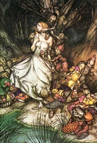 亚瑟·拉克汉 的各类绘画作品 -  《妖精市场,白色和金色的莉齐站着》