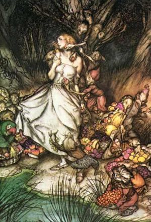 艺术家亚瑟·拉克汉作品《妖精市场,白色和金色的莉齐站着》
