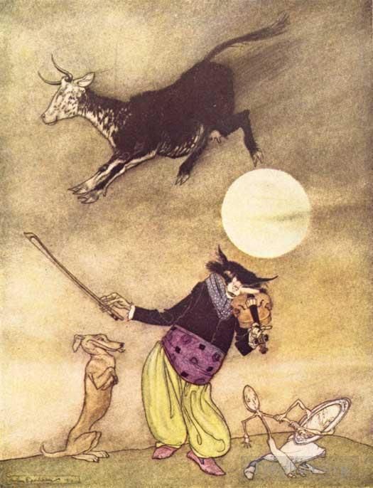 亚瑟·拉克汉 的各类绘画作品 -  《鹅妈妈牛跳过月亮》