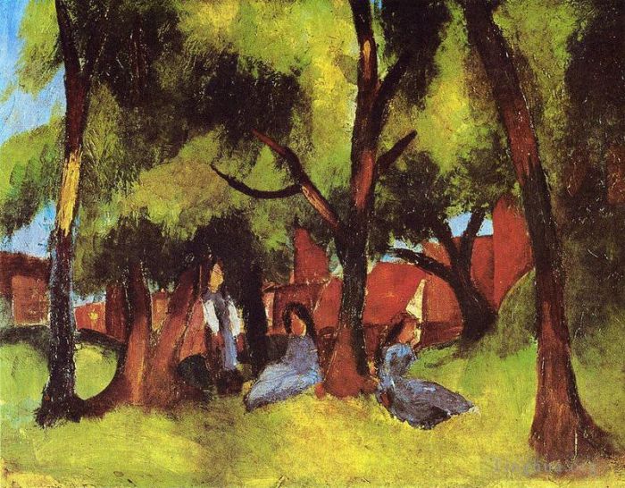 奥古斯特·麦克 的油画作品 -  《阳光下树下的孩子们》
