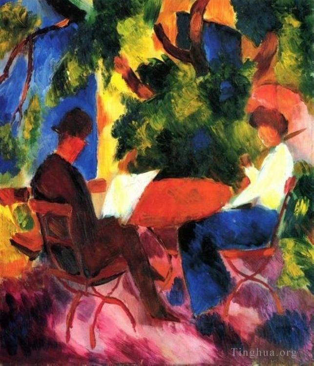 奥古斯特·麦克 的油画作品 -  《情侣在花园的桌子上》
