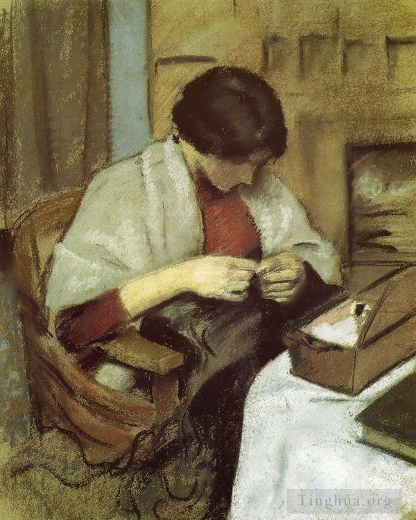 奥古斯特·麦克 的油画作品 -  《伊丽莎白·格哈特,缝纫,伊丽莎白·格哈特·纳亨德》