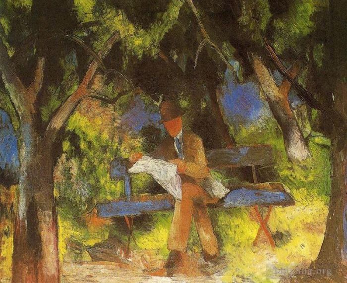 奥古斯特·麦克 的油画作品 -  《男人在公园里读书,Lesender,Mannim,Park》