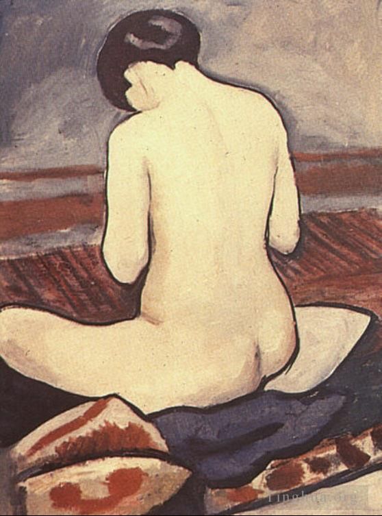 奥古斯特·麦克 的油画作品 -  《裸体坐垫,西森德·阿克特米特·基森,(Sitzender,Aktmit,Kissen)》