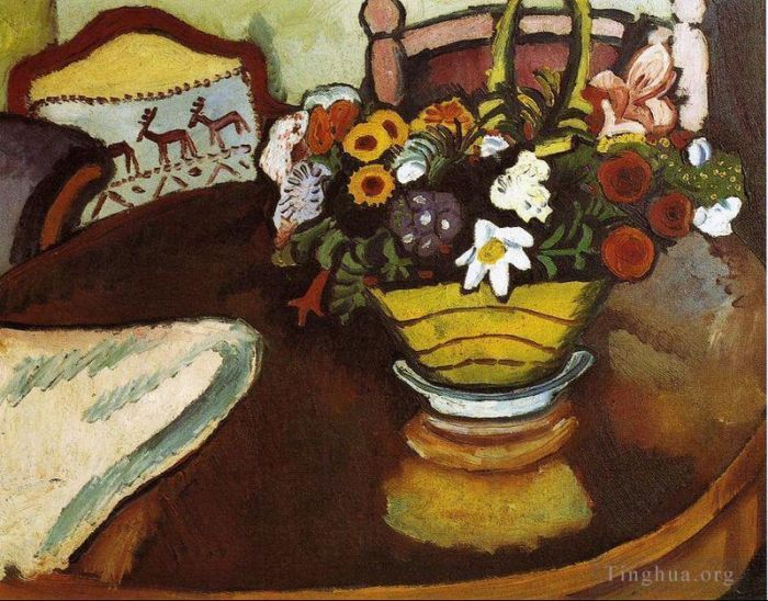奥古斯特·麦克 的油画作品 -  《有雄鹿坐垫和鲜花的静物》