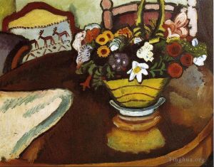 艺术家奥古斯特·麦克作品《有雄鹿坐垫和鲜花的静物》