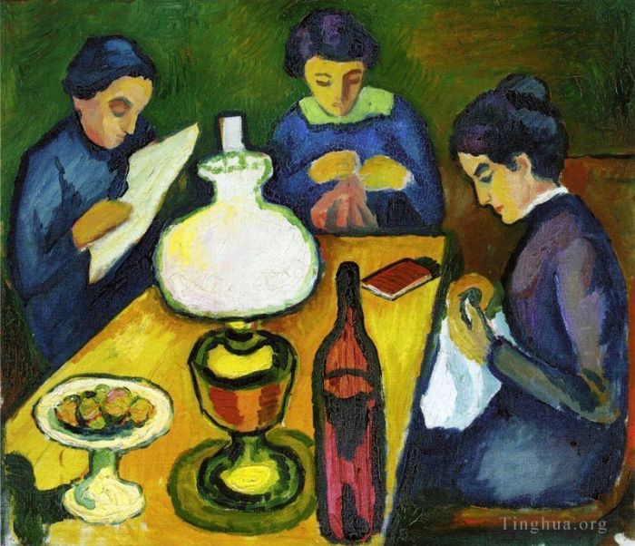 奥古斯特·麦克 的油画作品 -  《灯边桌旁的三个女人》