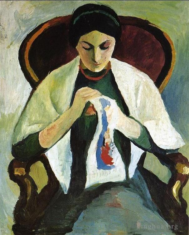 奥古斯特·麦克 的油画作品 -  《坐在扶手椅上刺绣的女人,艺术家妻子的肖像》