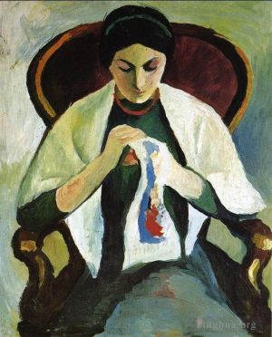 艺术家奥古斯特·麦克作品《坐在扶手椅上刺绣的女人,艺术家妻子的肖像》