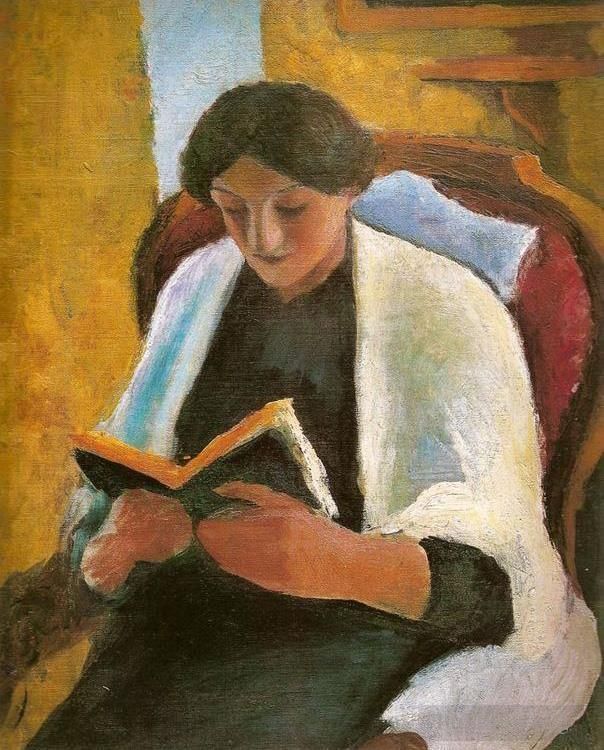 奥古斯特·麦克 的油画作品 -  《坐在红色扶手椅上读书的女人,Lesende,Frauimroten,Sessel》