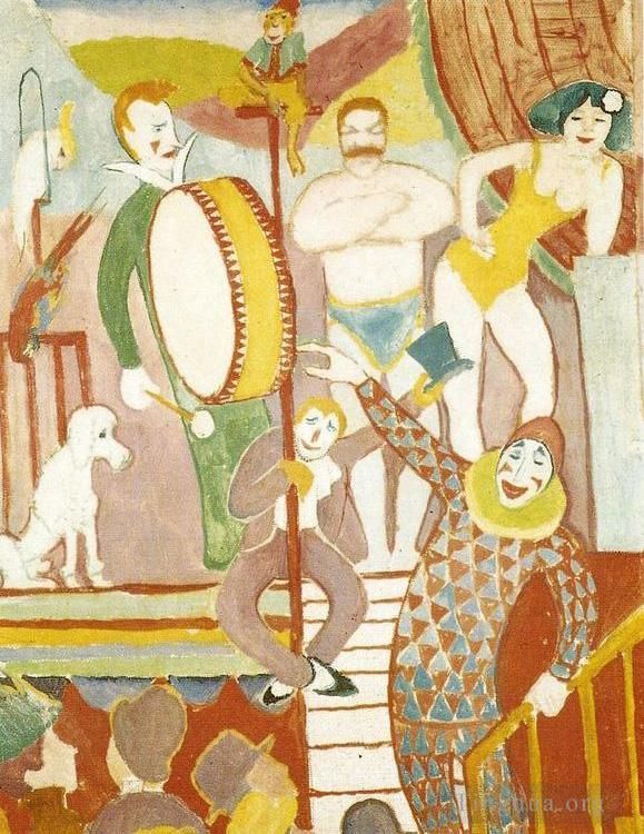 奥古斯特·麦克 的各类绘画作品 -  《Curcus,Picture,II,一对运动员小丑和猴子》