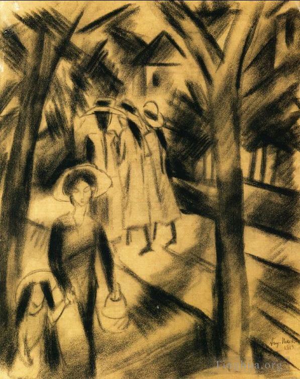 奥古斯特·麦克作品《带着孩子和女孩在路上的妇女》