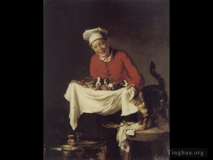 巴伊·克劳德·约瑟夫 的油画作品 -  《一个男孩与狗和小猫》