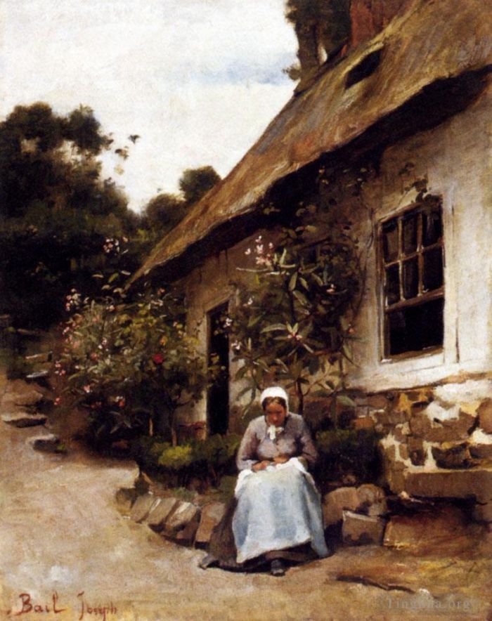 巴伊·克劳德·约瑟夫 的油画作品 -  《在她的小屋前缝纫的女人》