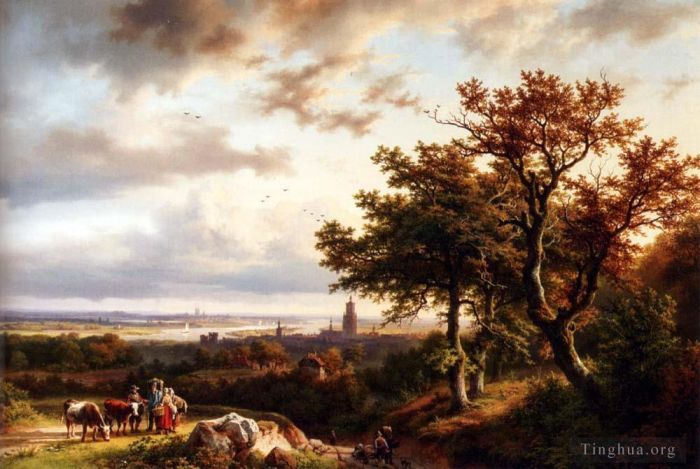 巴伦德·科内利斯· 考艾考克 的油画作品 -  《莱茵河全景景观与农民在轨道上交谈》