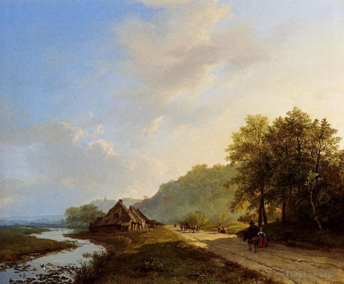 巴伦德·科内利斯· 考艾考克 的油画作品 -  《夏日风景与路上的旅行者》