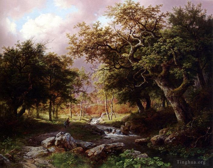 巴伦德·科内利斯· 考艾考克 的油画作品 -  《溪边树木繁茂的风景和人物》