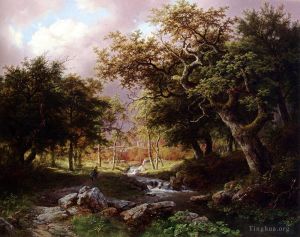 艺术家巴伦德·科内利斯· 考艾考克作品《溪边树木繁茂的风景和人物》