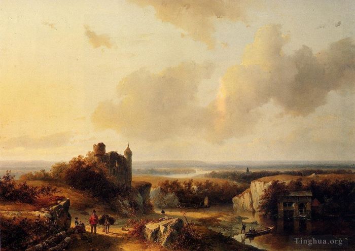 巴伦德·科内利斯· 考艾考克 的油画作品 -  《广阔的河流景观与旅客》