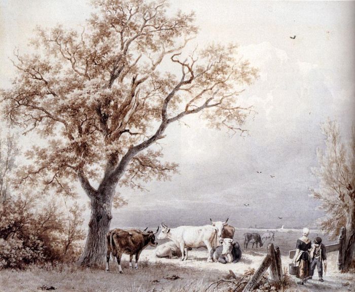 巴伦德·科内利斯· 考艾考克 的油画作品 -  《阳光明媚的草地上的奶牛》