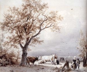 艺术家巴伦德·科内利斯· 考艾考克作品《阳光明媚的草地上的奶牛》