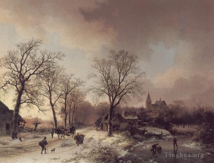 巴伦德·科内利斯· 考艾考克 的油画作品 -  《冬季风景中的人物》