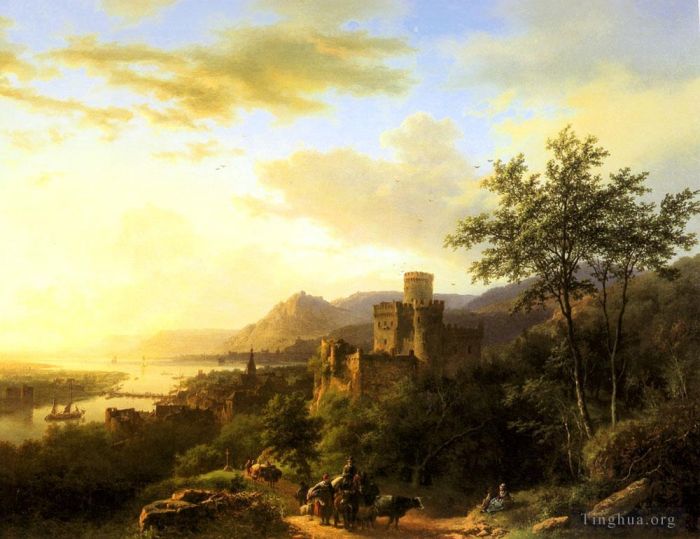 巴伦德·科内利斯· 考艾考克 的油画作品 -  《旅行者在广阔的莱茵兰风景中行走》