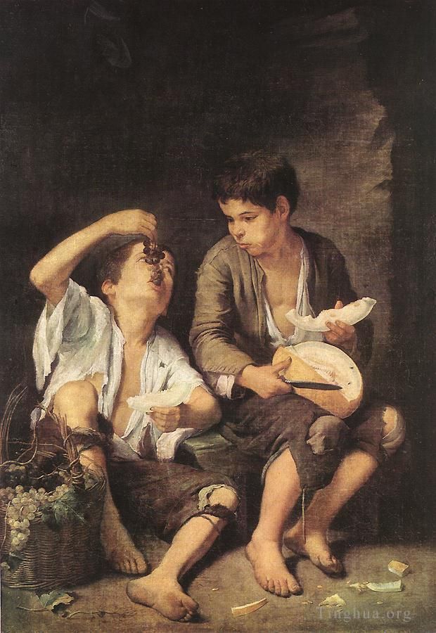 巴托洛梅·埃斯特万·牟利罗 的油画作品 -  《男孩吃水果葡萄和吃瓜的人》