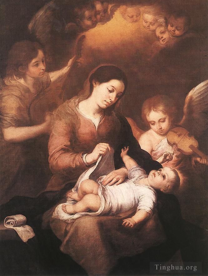 巴托洛梅·埃斯特万·牟利罗 的油画作品 -  《玛丽和孩子与天使演奏音乐》