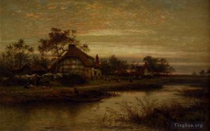 艺术家本杰明·威廉姆斯·里德作品《伍斯特郡小屋之夜》