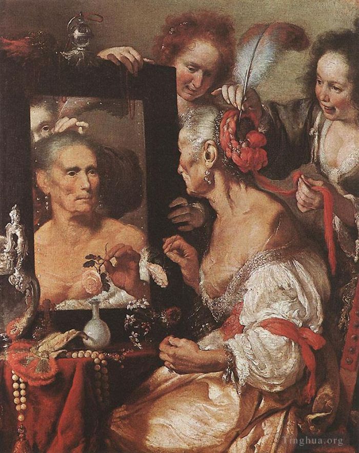 伯纳多·斯特罗兹 的油画作品 -  《照镜子的老妇人》