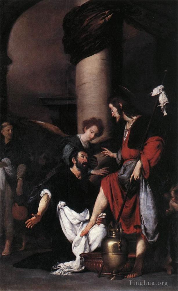 伯纳多·斯特罗兹 的油画作品 -  《圣奥古斯丁为基督洗脚》