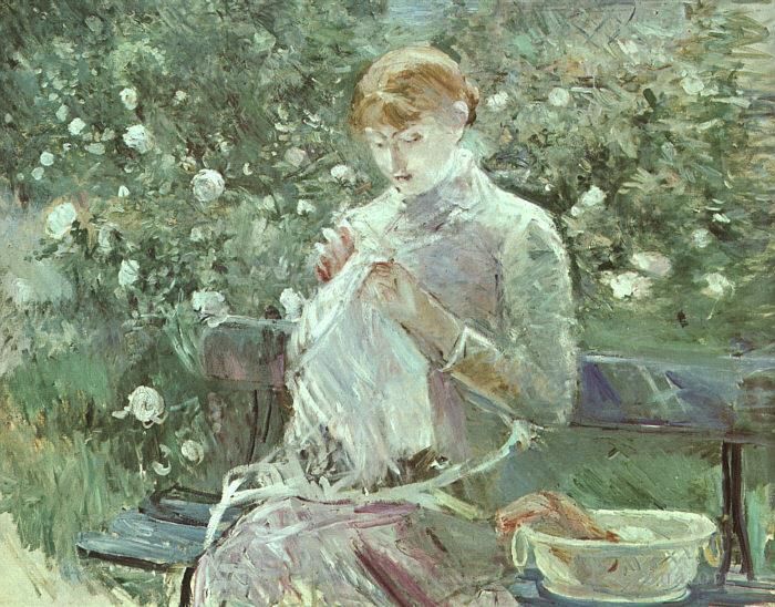 贝尔特·莫里索 的油画作品 -  《花园里缝纫的年轻女子》