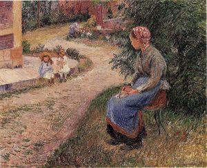 艺术家卡米耶·毕沙罗作品《一位仆人坐在埃拉格尼的花园里，1884,年》
