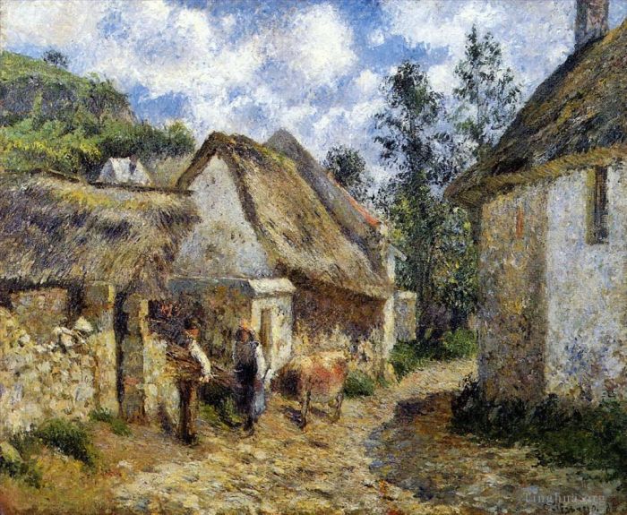 卡米耶·毕沙罗 的油画作品 -  《奥弗茅草屋和牛的一条街道,1880》