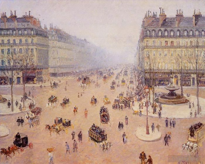 卡米耶·毕沙罗 的油画作品 -  《法国剧院广场大道,1898,年雾霾天气》