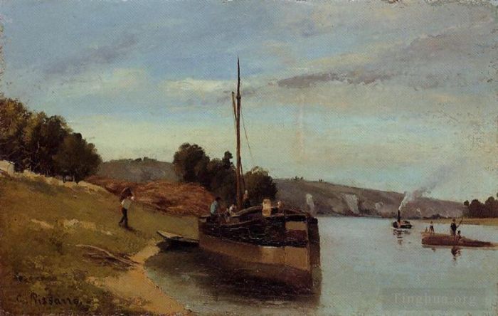 卡米耶·毕沙罗 的油画作品 -  《le,roche,Guyon,的驳船,1865》