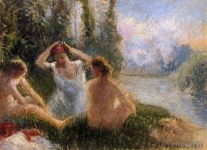 艺术家卡米耶·毕沙罗作品《坐在河岸上的沐浴者,1901》