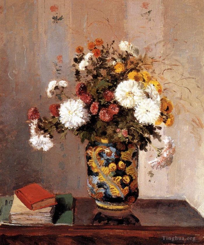 卡米耶·毕沙罗 的油画作品 -  《中国花瓶里的菊花,1873》
