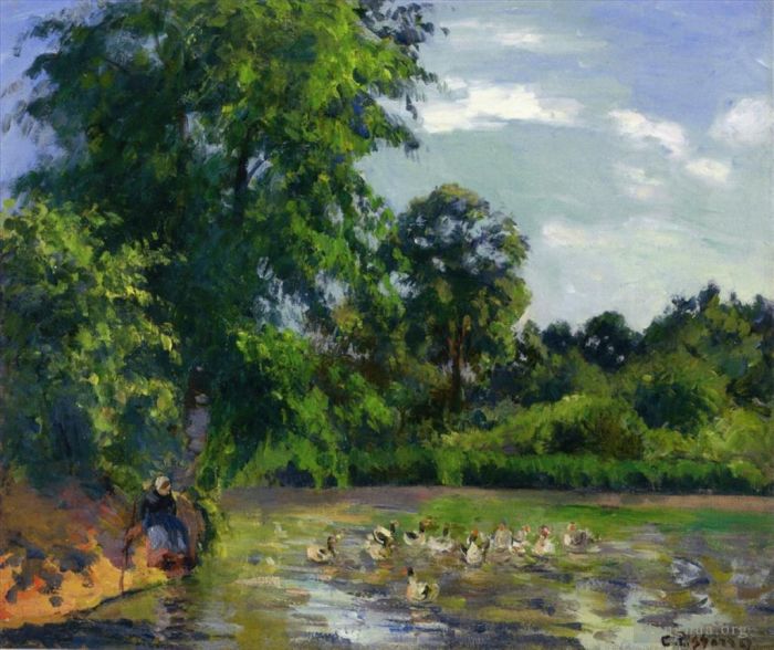 卡米耶·毕沙罗 的油画作品 -  《蒙福科池塘上的鸭子》