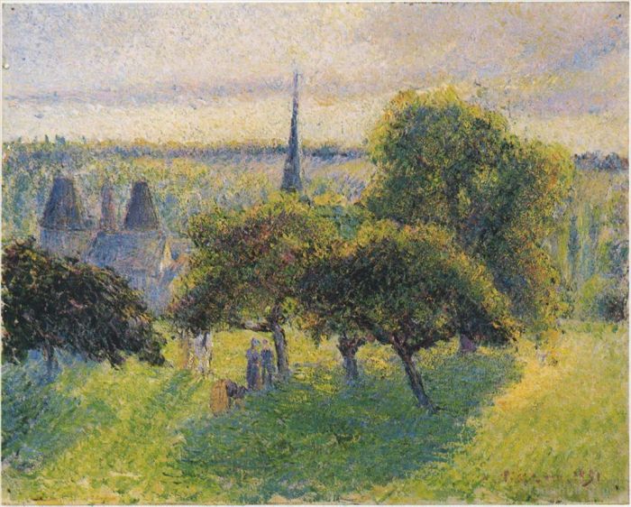 卡米耶·毕沙罗 的油画作品 -  《1892,年日落时的农场和尖塔》