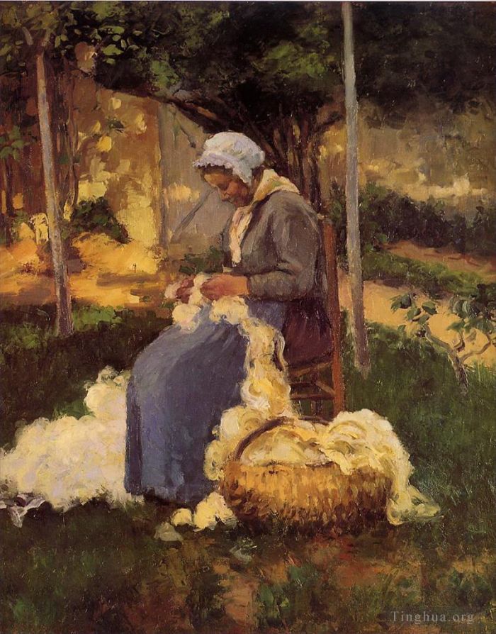 卡米耶·毕沙罗 的油画作品 -  《女农民梳理羊毛,1875》