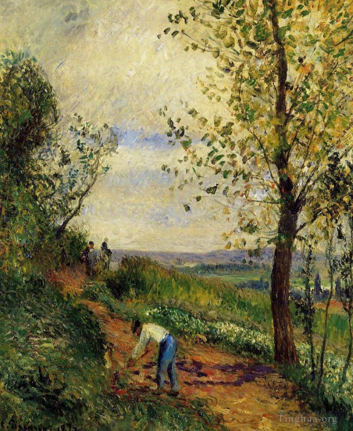 卡米耶·毕沙罗 的油画作品 -  《一个人在挖掘的风景,1877》