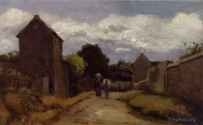 卡米耶·毕沙罗 的油画作品 -  《穿越乡村小路上的男性和女性农民》